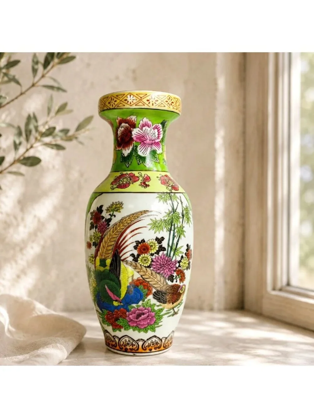 James Alex Chinoiserie Vase Asian Style Porcelain Pheasant Floral Home Decor